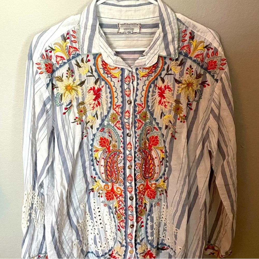 Johnny Was Embroidered Striped Button-Up Shirt